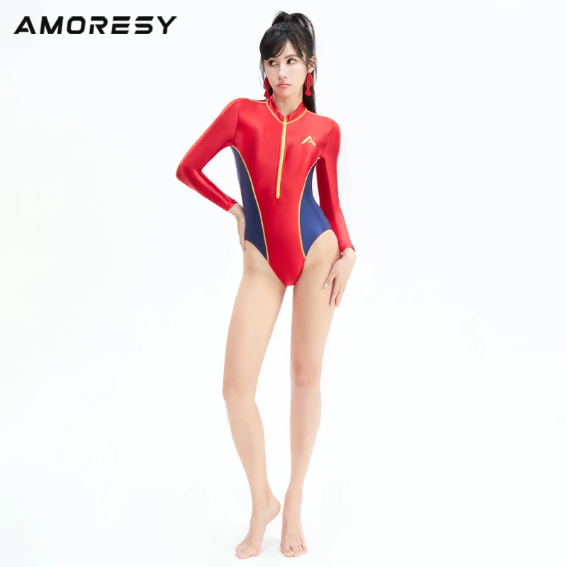 AMORESY Lachesis series long-sleeved color matching double front zipper cosplay casual swimsuit