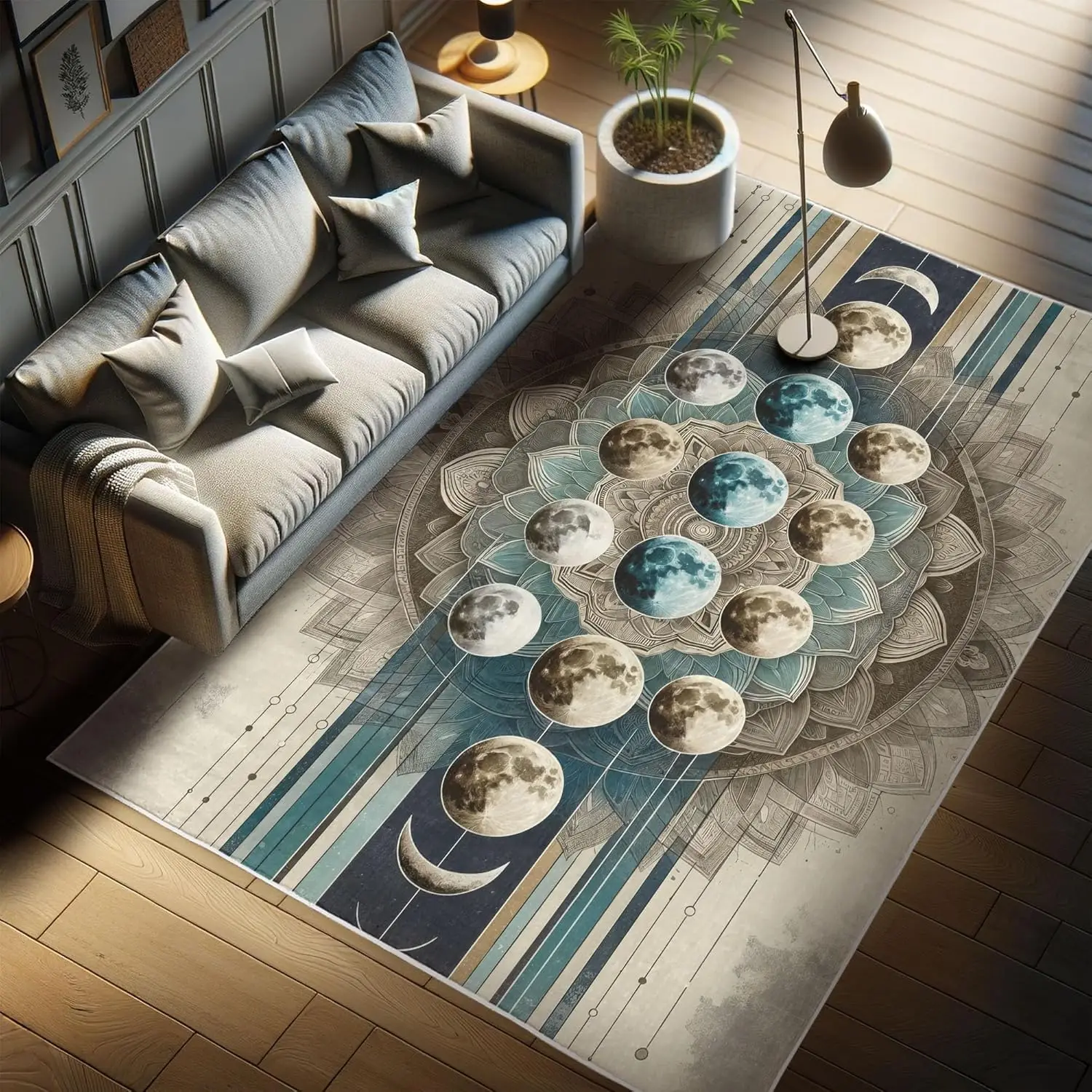 Lunar Art Decorative Rug, Oriental Bohemian Mandala with Moon Phase and Abstract Lines Modern, Quality Carpet for Bedroom Dorm