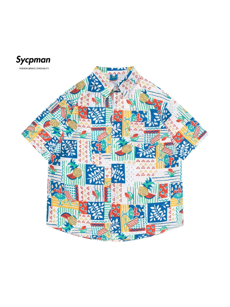 

Sycpman American Style Fun Printed Hawaiian Short Sleeve Shirts for Men and Women Summer Hiphop Loose Shirt