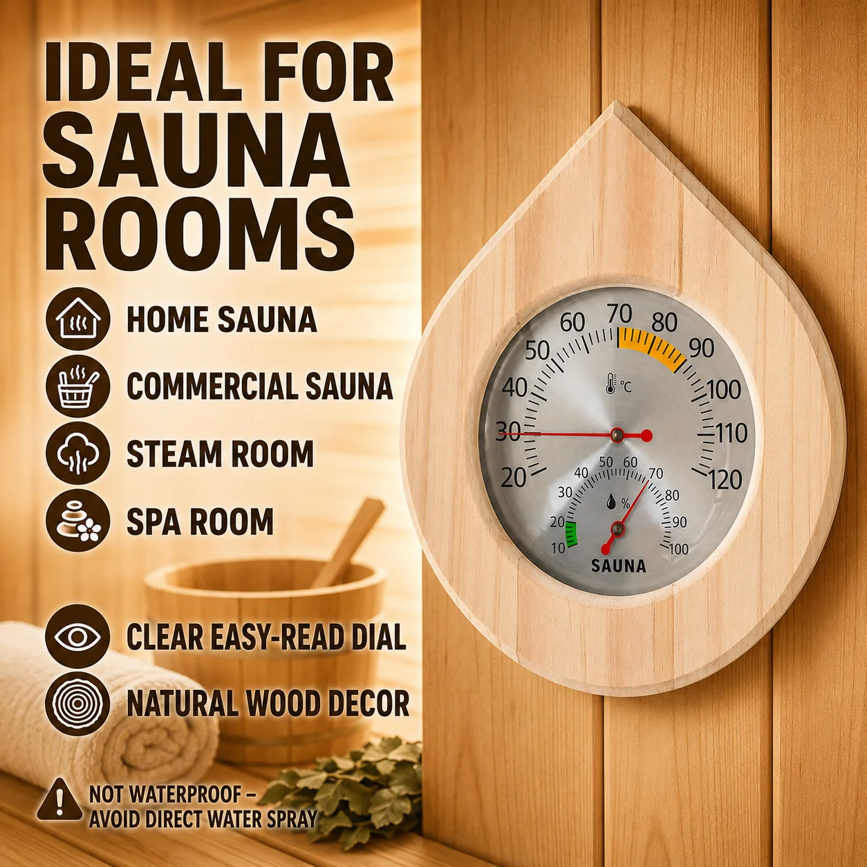 Wooden Sauna Thermometer 20-120°C Round Wall Mounted Temperature Gauge for Sauna Room Steam Spa Bath Accessories