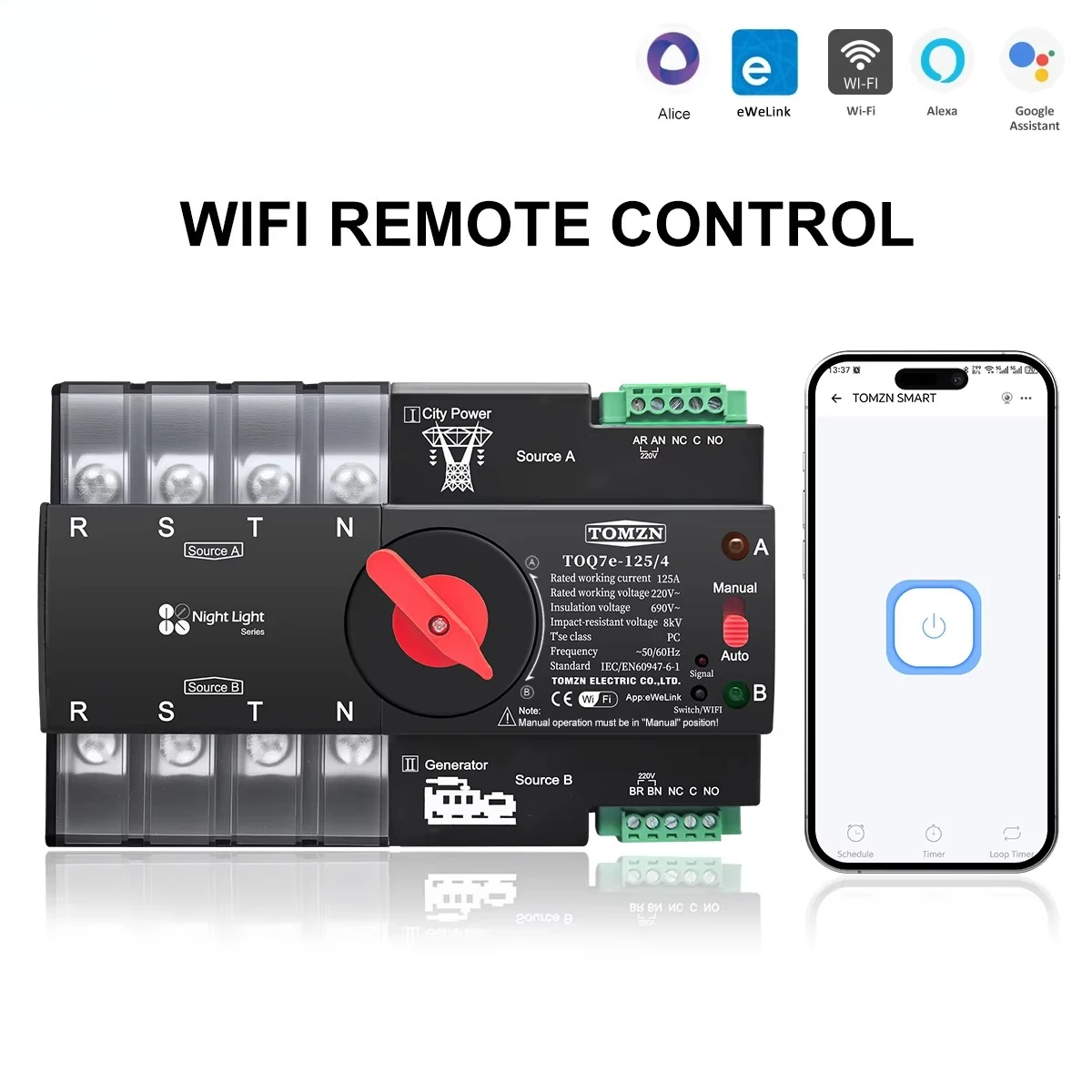 Din Rail eWelink WIFI smart ATS timer 230V Dual Power Automatic Transfer Selector Switch Uninterrupted 4P 125A Generator