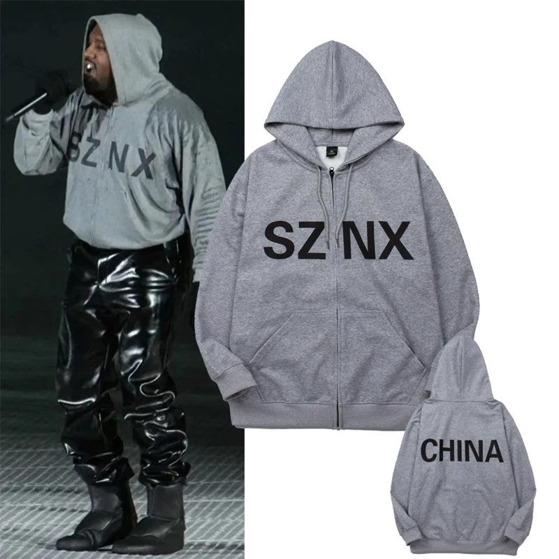 

SZNX Kanye West CHINA Концертная толстовка на молнии для мужчин и женщин Уличная одежда Толстовки из махровой ткани Свободные пуловеры Одежда