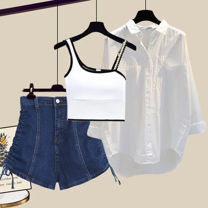 Summer Set Women's New Korean Fashion Western Sunscreen Shirt Tank Top Slimming and Age Reducing Denim Shorts Three Piece Set