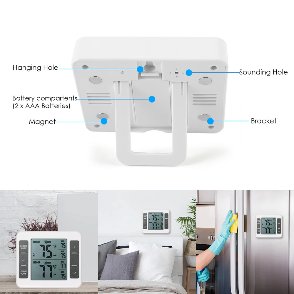 Wireless Digital Refrigerator Thermometer Audible Alarm Indoor Outdoor Thermometer with Sensor Freezer Thermometer