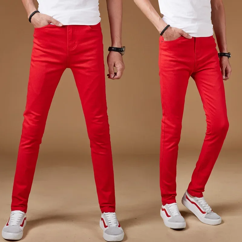 Skinny Jeans Men 2021 Korean Fashion Men Streetwear Thin Pencil Pants Stretch Pants Casual Red Clothes For Teenagers Trousers