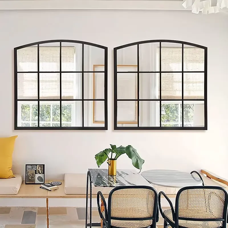 Farmhouse Window Mirror with Iron Frame Arched Window Mirror Decor