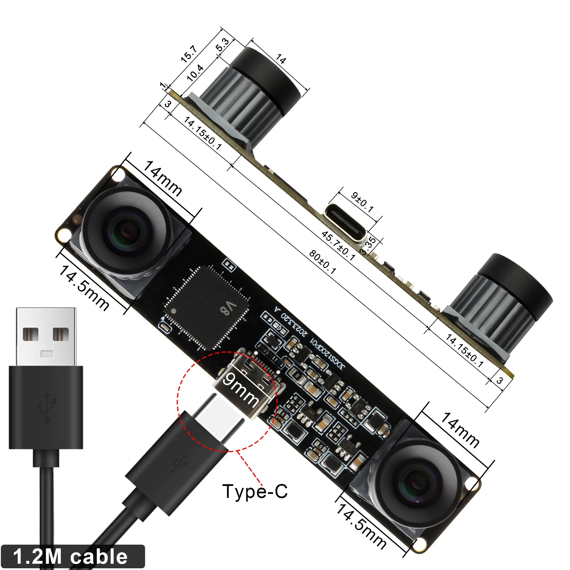 800P 120fps Dual Lens Stereo Camera Monochrome Global Shutter Synchronous Dual Lens USB Camera with No Distortion Lens