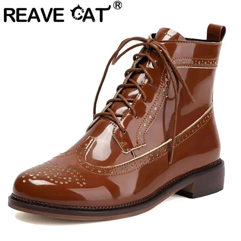 

REAVE CAT 2025 Shiny Women Ankle Boots Round Toe Block Heels 3.5cm Zipper Lace Up Large Size 46 47 48 British Style Summer Bota