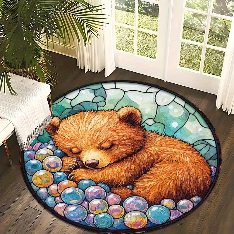 Little Bear's Dream Bubble Flannel-printed round floor mats are slip-resistant Suitable for living room terrace garden carpets