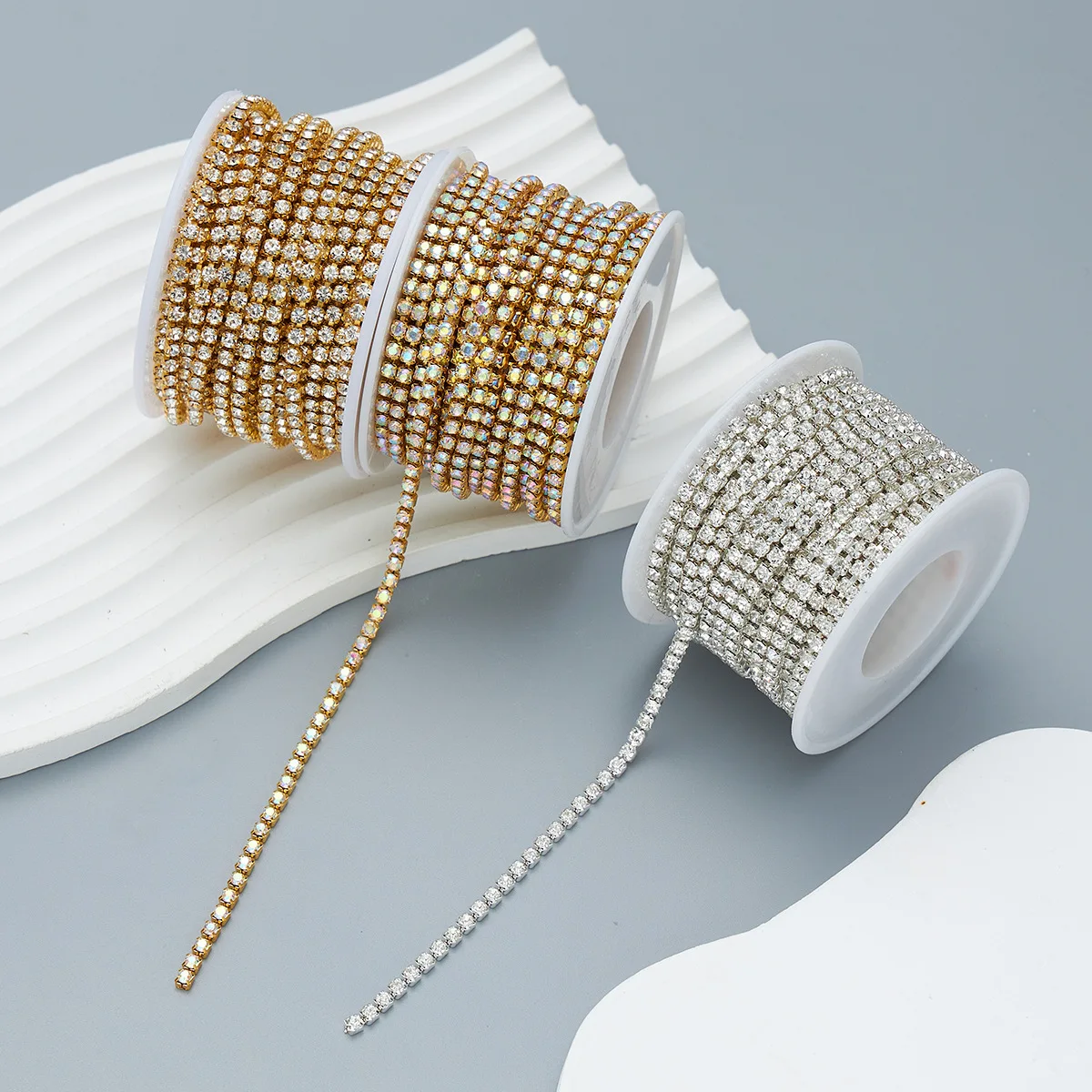 SS4.5-SS38(1.5mm-8mm) Clear Crystal AB Dense Rhinestone Cup Chain Sliver/Gold Claw Strass Rhinestone Chain Trim