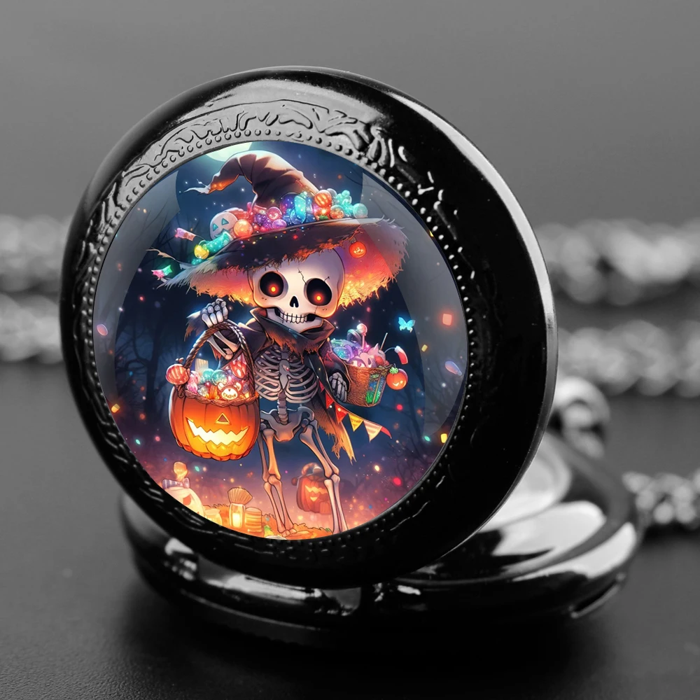 Halloween Skull Accessory Glass Dome Vintage Arabic Numerals Quartz Pocket Watch Necklace Pendant Clock Chain Men Women for Kids