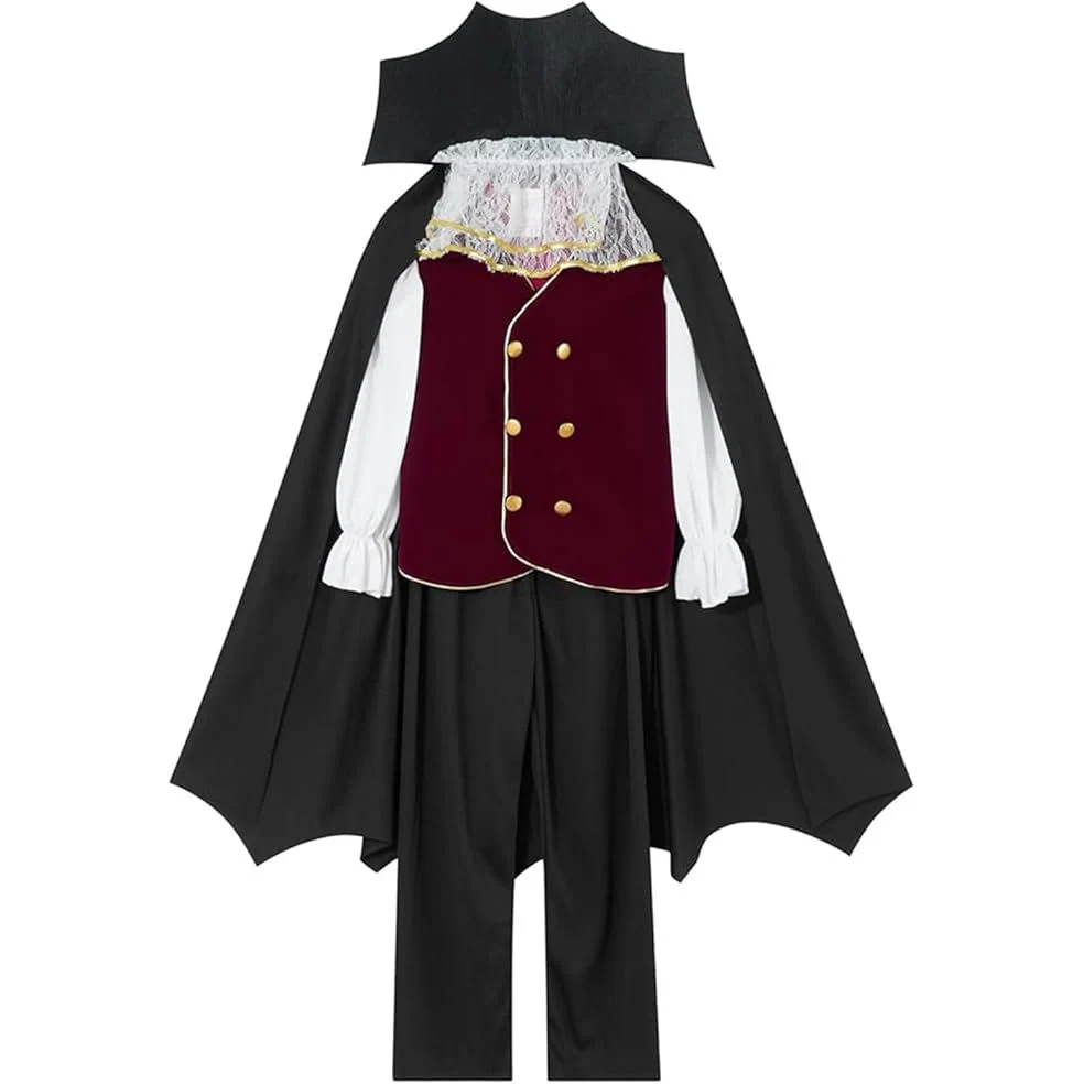 Königliches Vampir-Kostüm für Kinder, 3-teiliges Set, schwarzer Umhang + Oberteil + lange Hose, Halloween-Bösewicht-Cosplay für Jungen, europäisches Vintage-Zombie-Outfit – Detail 2