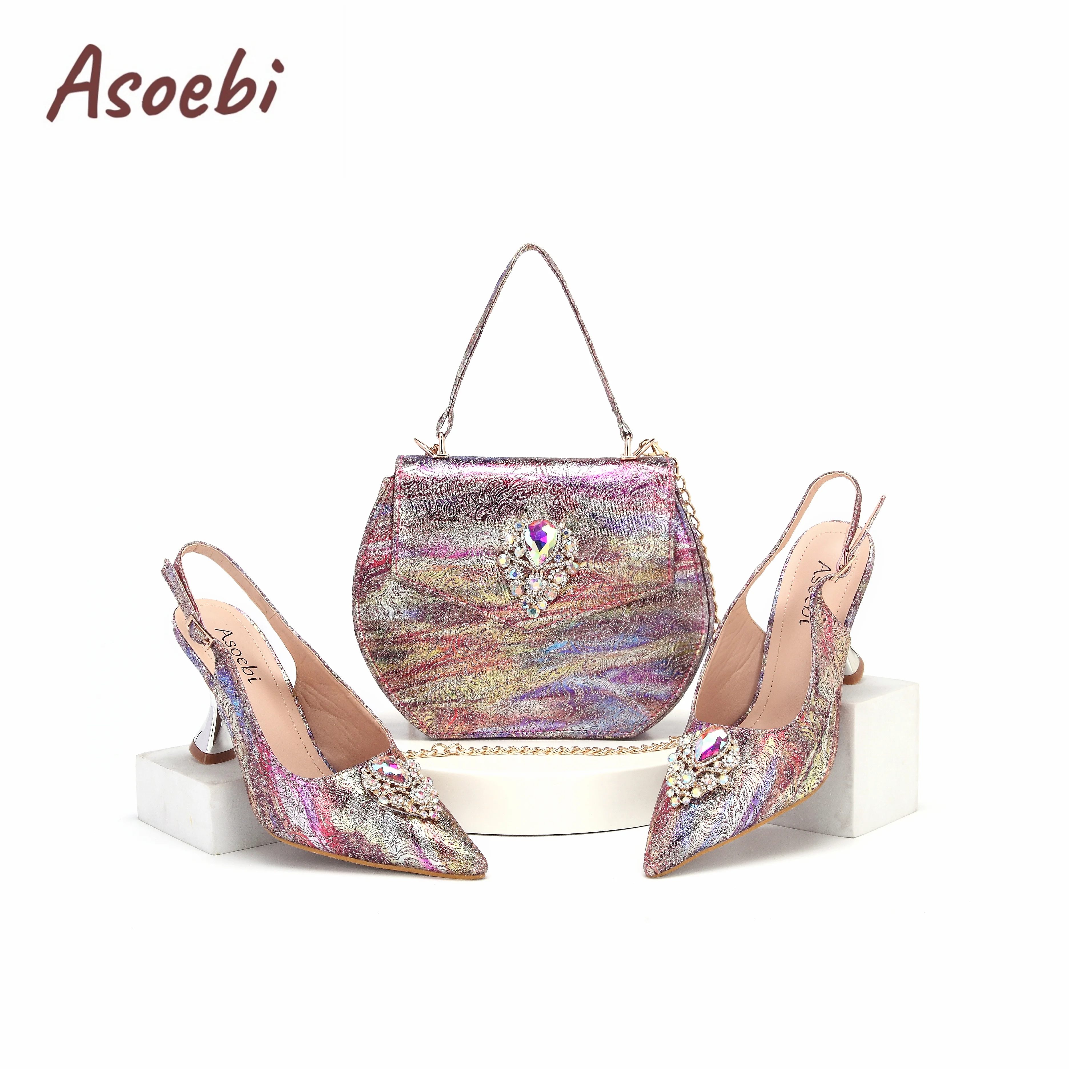 New Fashionable Pointed Toe Decorated with Bling Rhinestones Design Shoes Matching Bag Set in Volorful For Party