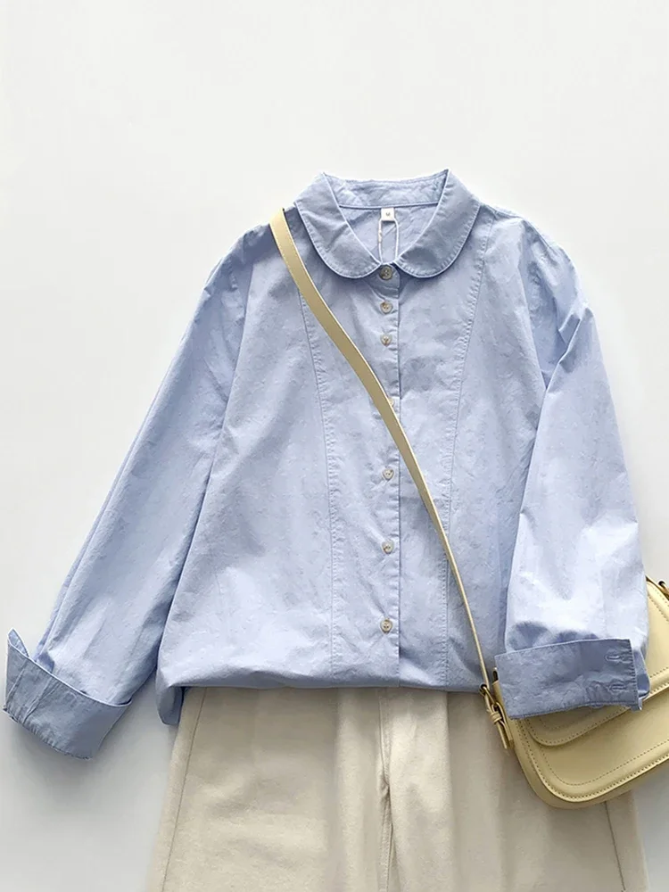 

Spring Autumn Women's Long Sleeved Shirt New Large Fashion Blue Casual Versatile Loose Cotton Collar Blouse Top Female C105