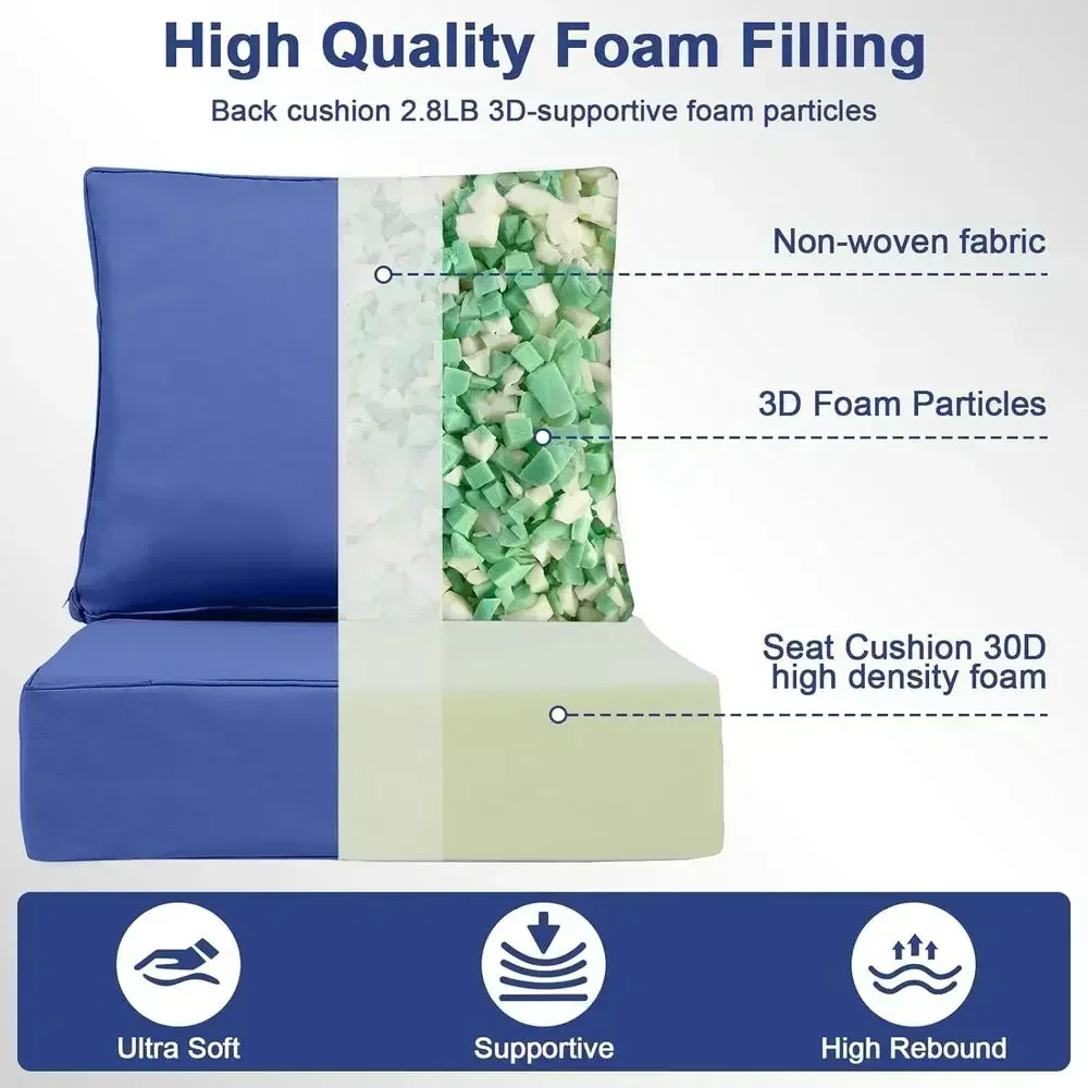 Set of 6 Outdoor Chair Cushions, 24x24x6 inches, Waterproof and UV-Resistant, Blue