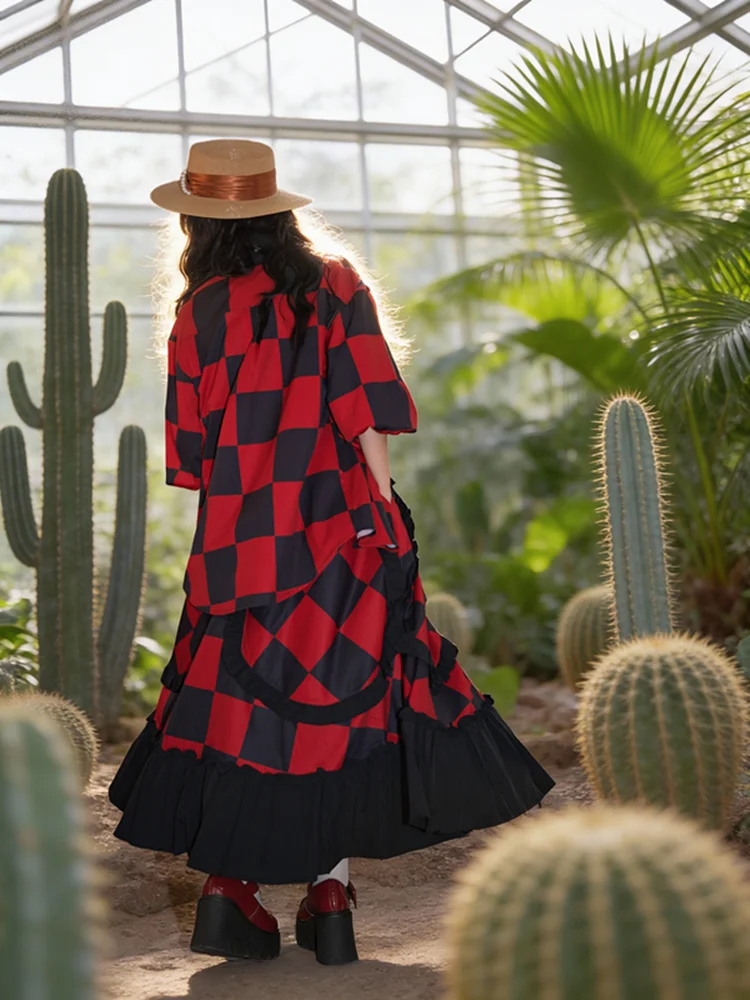 TIYIHAILEY-롱 미드-카프 스커트 여성용 신축성 있는 스커트 여름 봄 레드와 블랙 체크 패치워크 2026 신상 포켓 포함 A라인