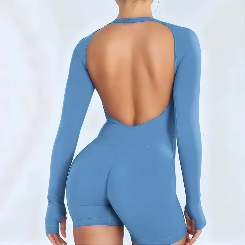 Sports Bodysuit Long Sleeve One Piece Gym Women Backless Yoga Clothing Running Workout Tummy Control Fitness Jumpsuit