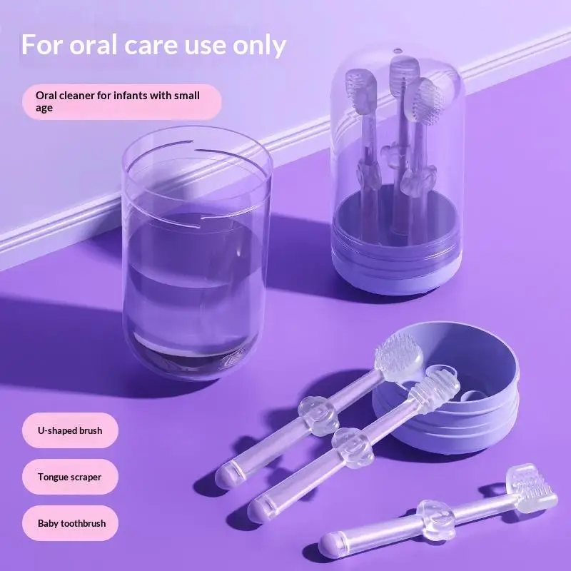 3Pcs Silicone Baby Toothbrush With Wash Cup Oral And Tongue Moss Cleaner Brush Portable Oral Care For Travel