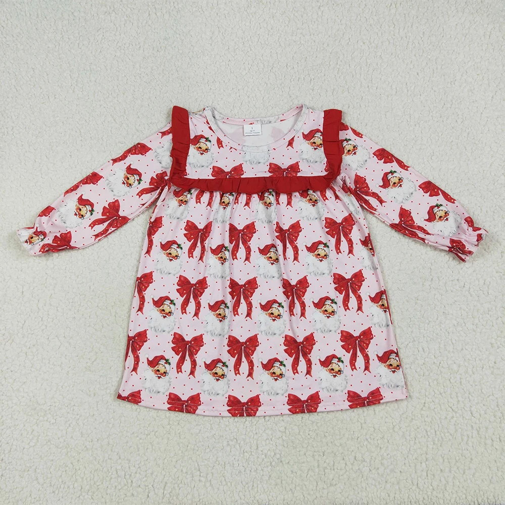 

Baby Girls Knee-Length Christmas Dress with Long Ruffle Sleeves And Red Santa Bows Red Bow Santa Claus Girls Outfit for Holiday