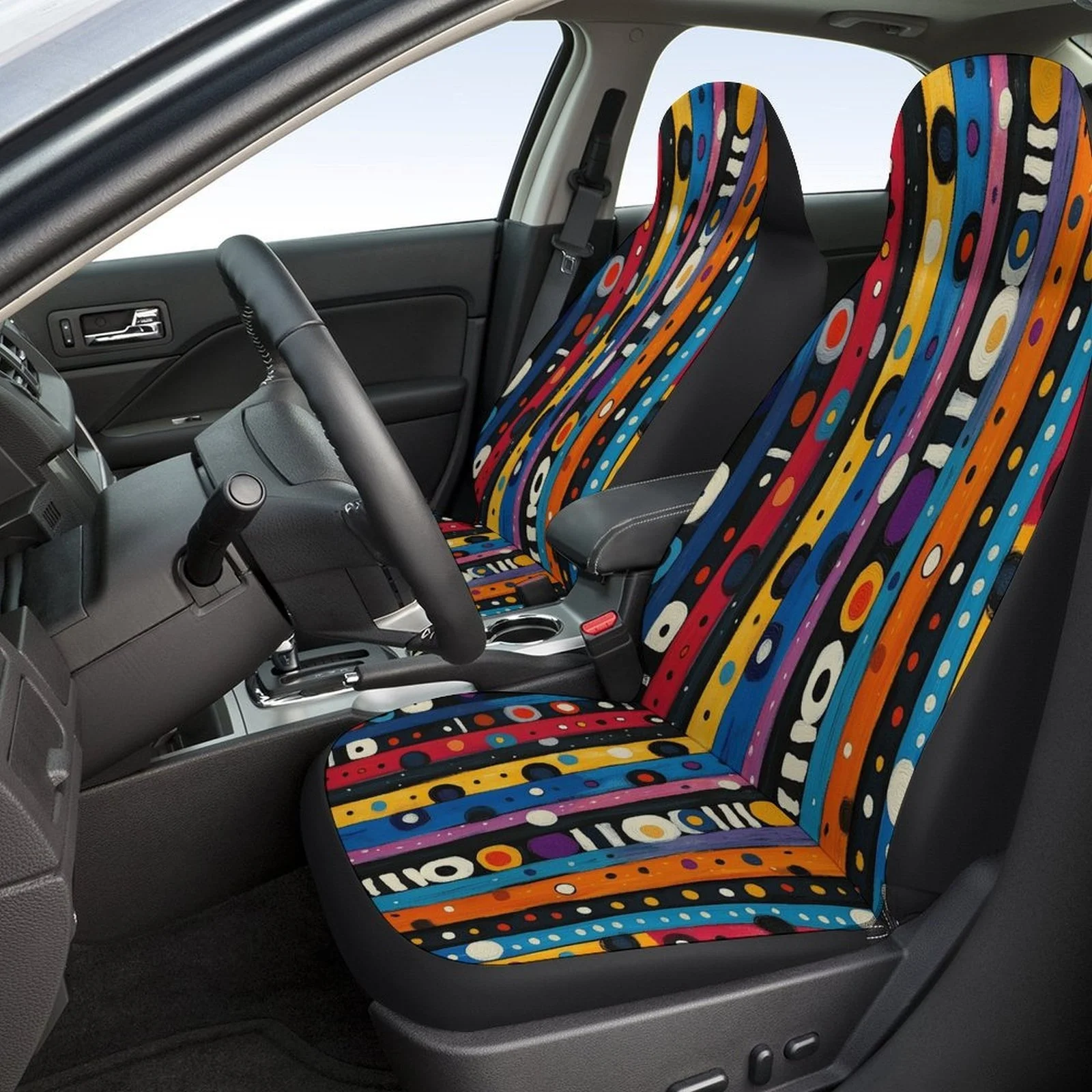 Colorful Stripes Pattern Car Seat Cover Set - Trendy High-Quality Polyester Full Set For 2 Front & Rear Seats, Fashionable Desig