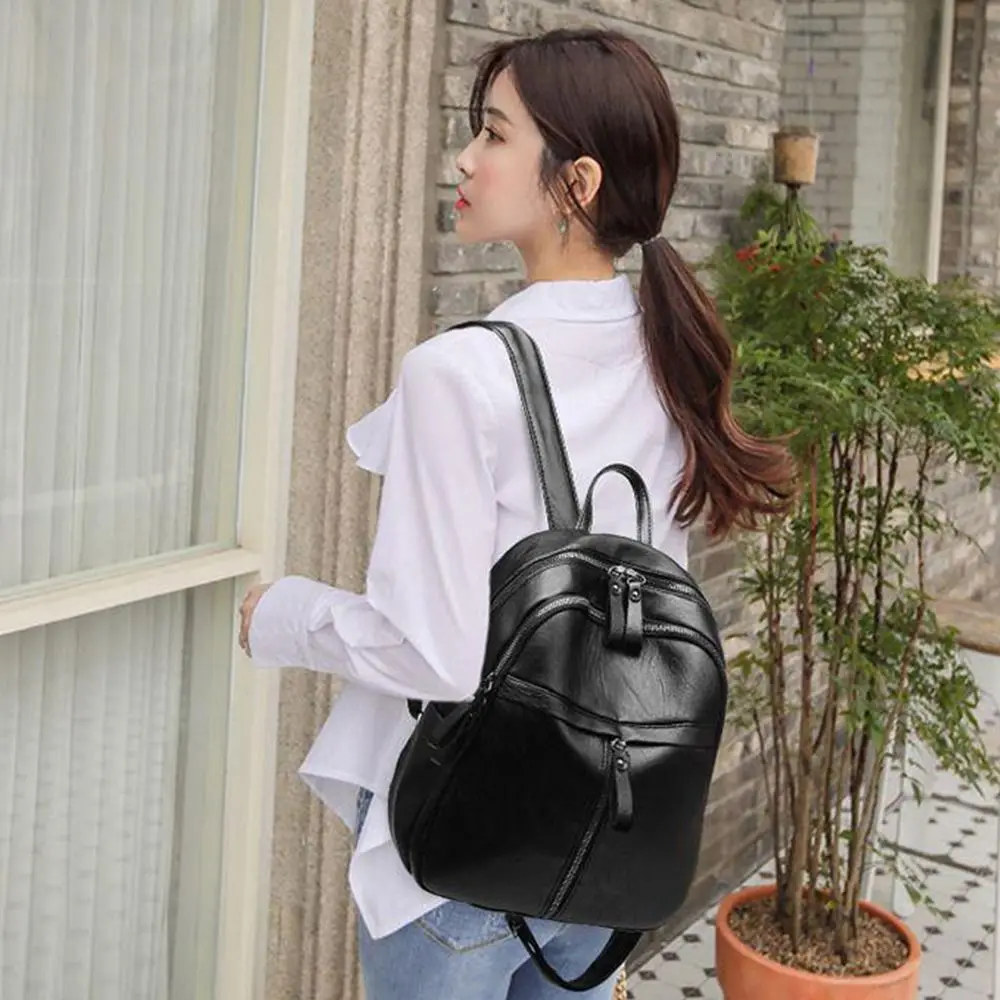 Simple PU Leather Women Backpack Black Large Capacity Shoulder Bags Waterproof Travel Bag Gift