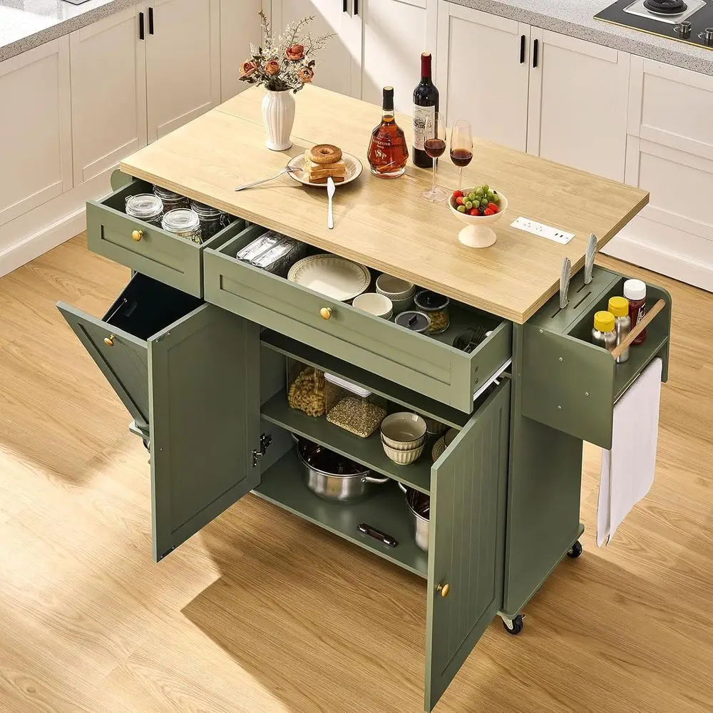 Green Rolling Kitchen Island with Storage, Trash Bin, Drop Leaf, Power Outlet, Spice Rack, Towel Bar, and Knife Holder - view 6