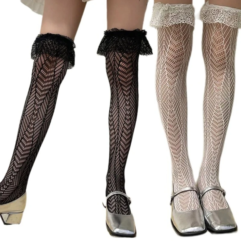 Women Fishnet Thigh High Stockings Sweet Hollowed Geometric Mesh Net Frilly Over Knee Long Sock with Ruffle Lace Trim