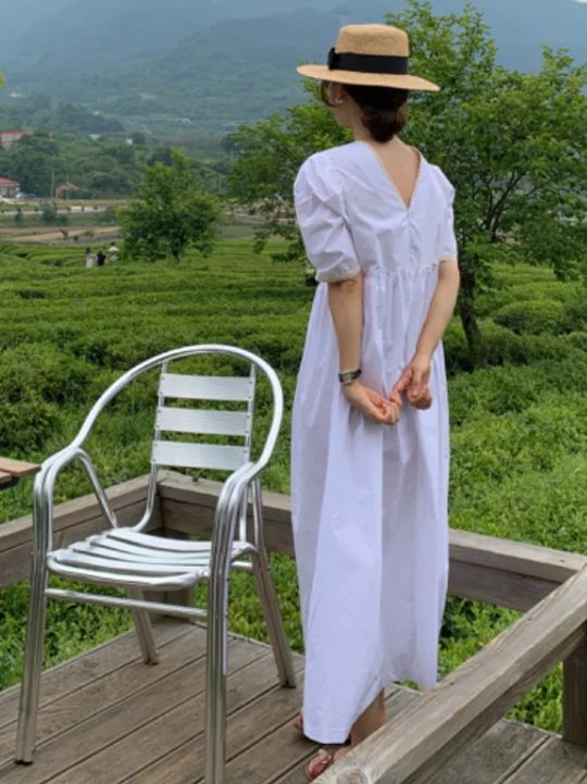 Vestido e de verano con corte de encaje y cuello empalmado, Vintage, refrescante, de Color sólido, manga de burbuja, f...