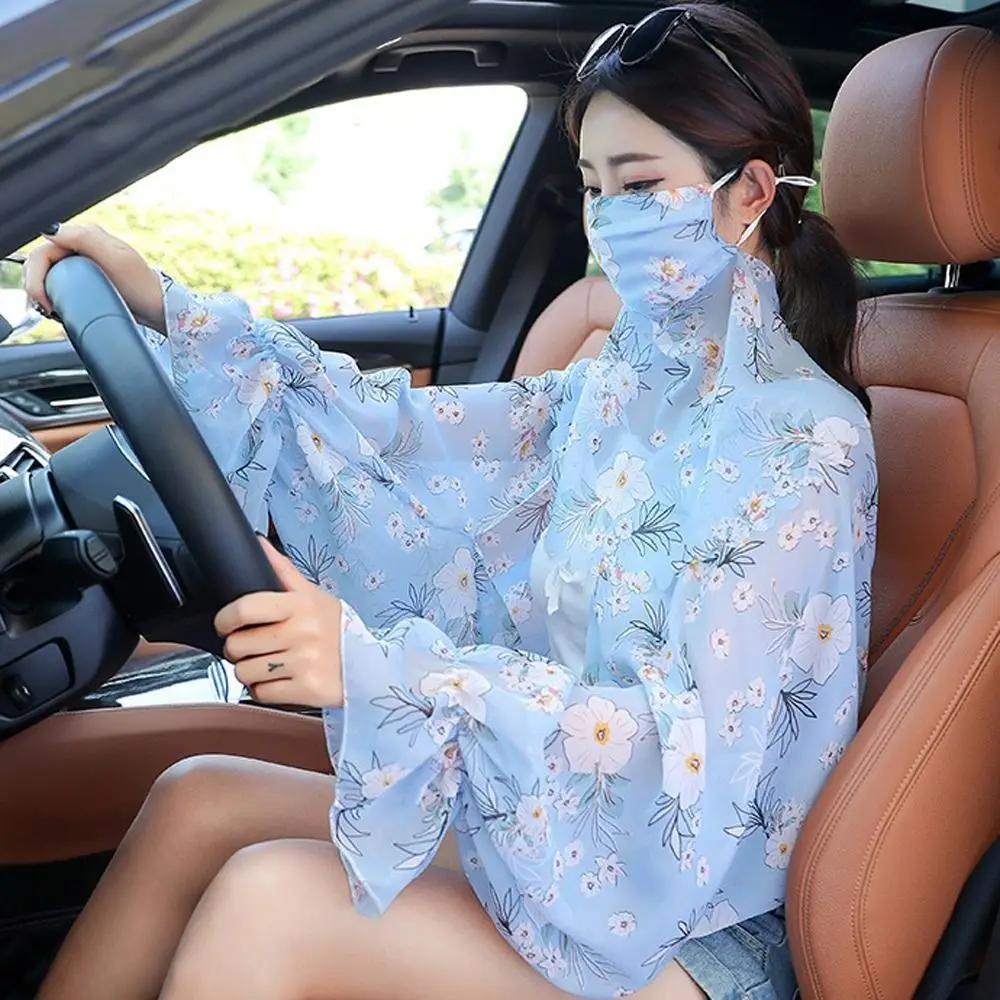 

Cooling Sleeves Summer Sunscreen Sleeves Transparent Floral Flower Arm Sleeves With Mask Veil Long Sleeve Women Chiffon Shawls