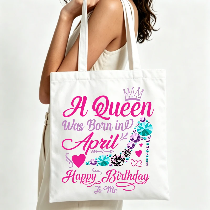birthday-themed canvas tote bag with queen graphic and high heel design, perfect for casual daily use and birthday celebrations