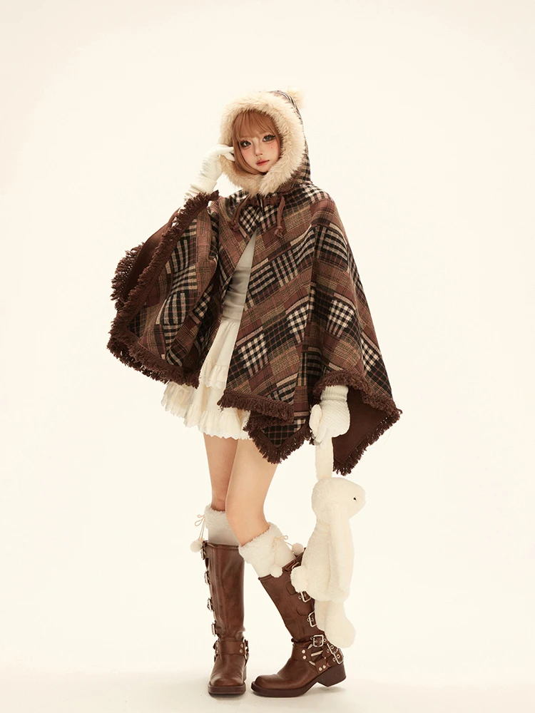 Japanischen Stil Süße Retro Braun Plaid Mantel Jacke Plüsch Mit Kapuze Quaste Lose Vielseitig Ärmellose Schal Capes Top Frauen Winter