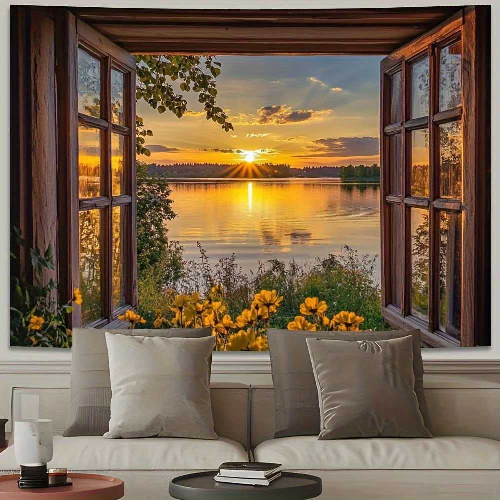 Tapisserie murale avec vue sur fenêtre au coucher du soleil – Serene pour décoration de chambre à coucher et de salon, cadeau idéal pour les amateurs de la nature