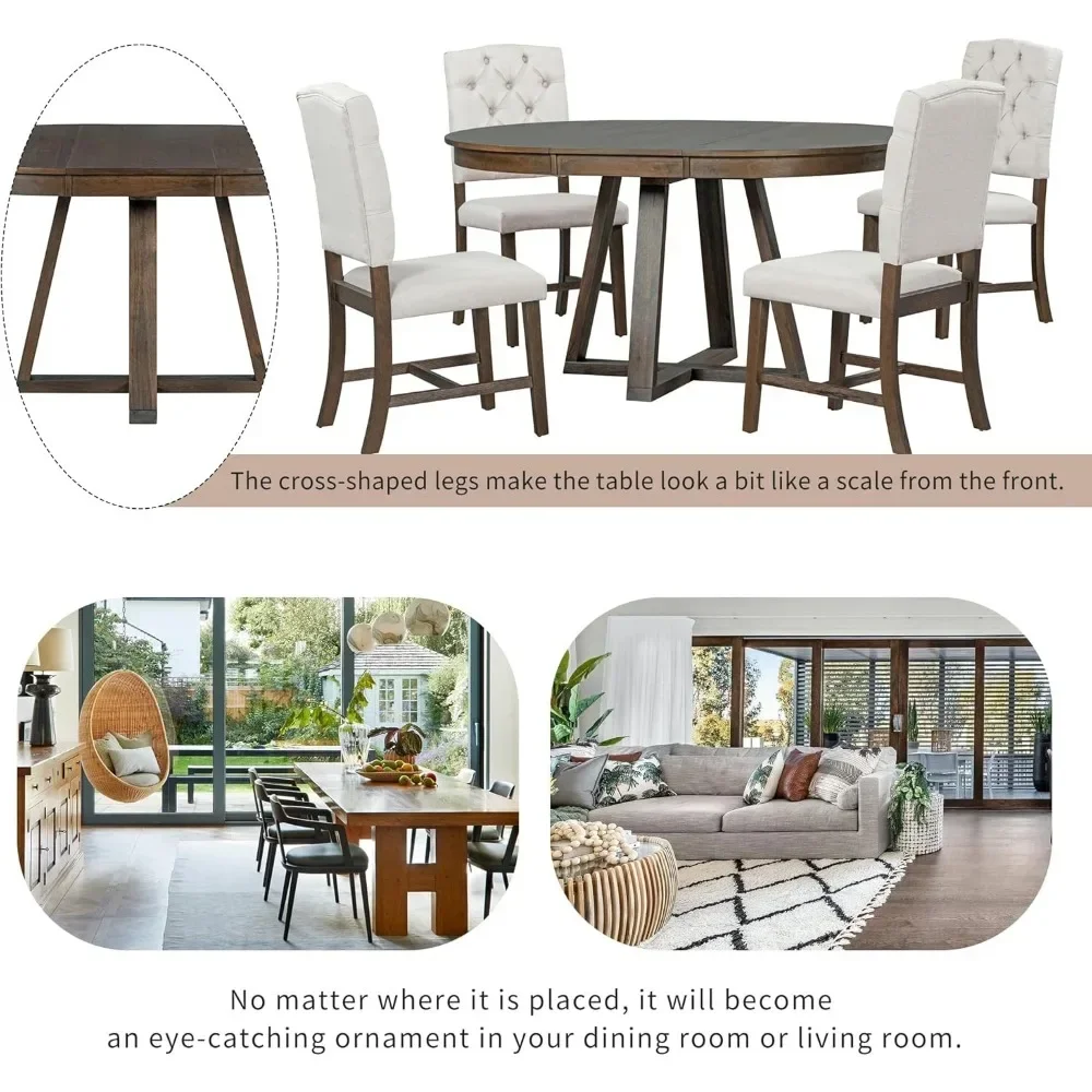 Wood Dining Furniture Set, 5 Piece Round Extendable Dinings Room Table Set with Upholstered Chairs, Dining Table and Chairs