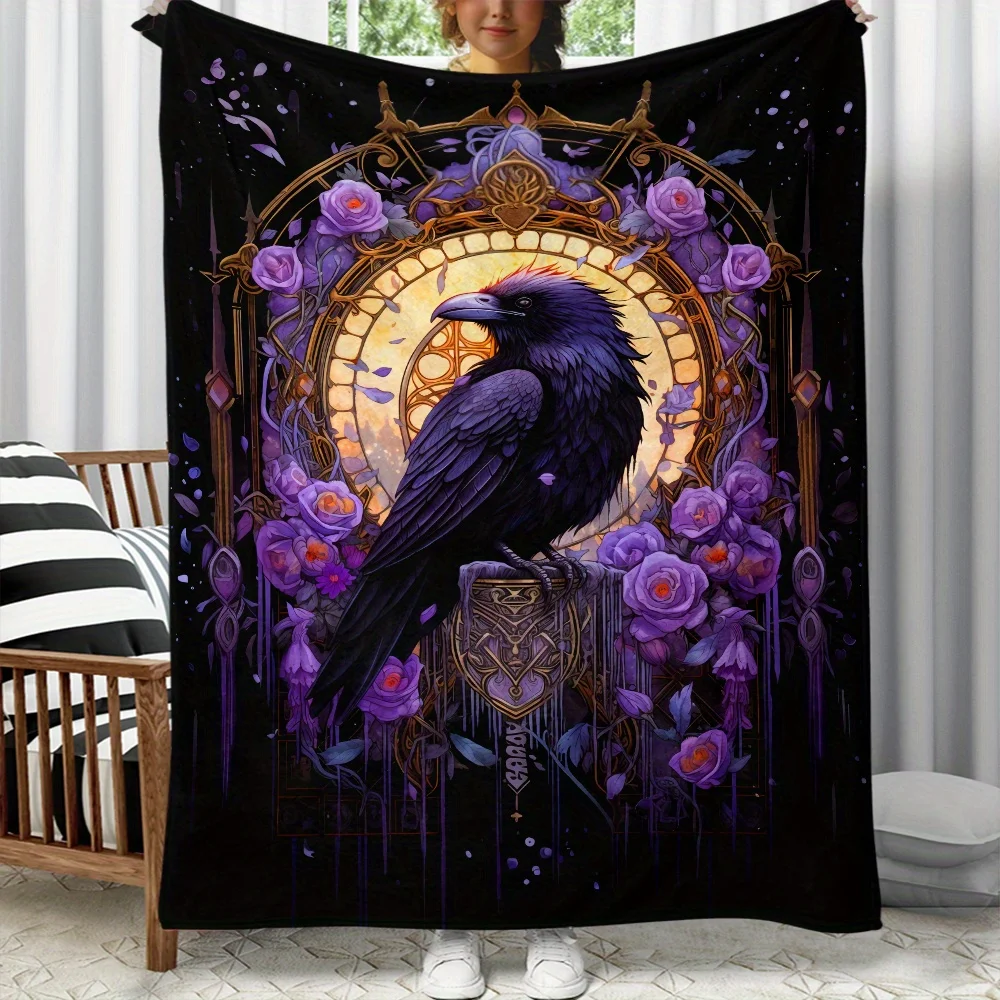 Raven Gothic Purple Rose Stained Glass Fleece Blanket Dark Fantasy Art Soft Flannel Throw Home Decor Gift for Gothic Fans