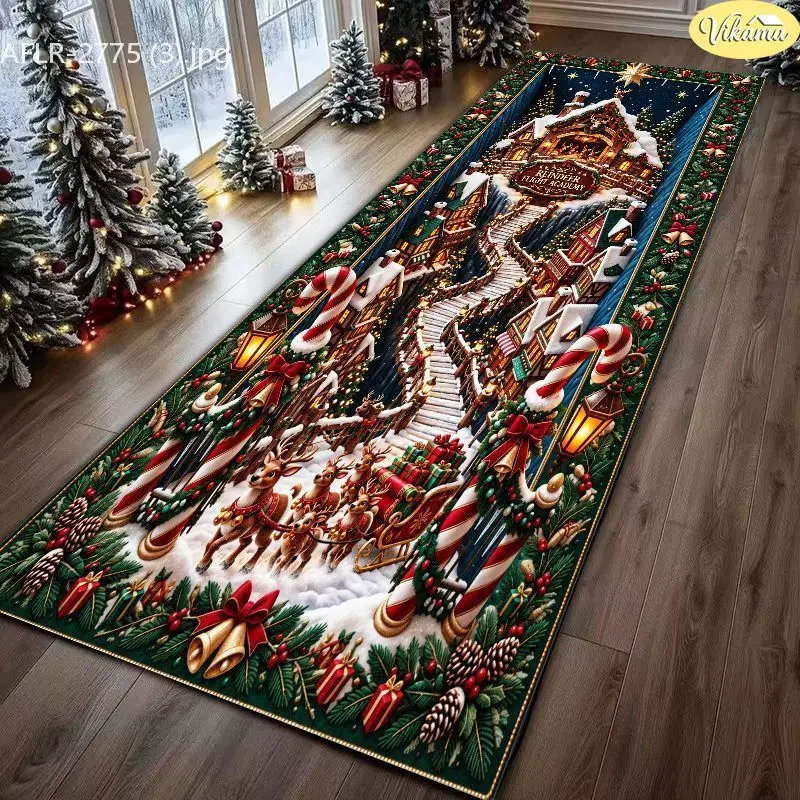 VIKAMA 3D Christmas Runner Rug Staircase Village Reindeer Sleigh Long Corridor Carpet For Hallway Kitchen Non Slip Home Decor