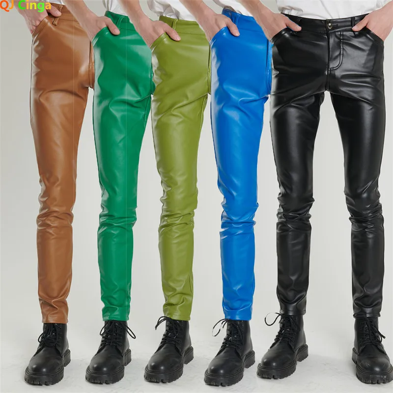 (16 colors) Biker Leather Pants Men\'s Fashion Slim Stretch PU Pants Red Blue Black Gray Men Pant Plus Size 28-36 38 40