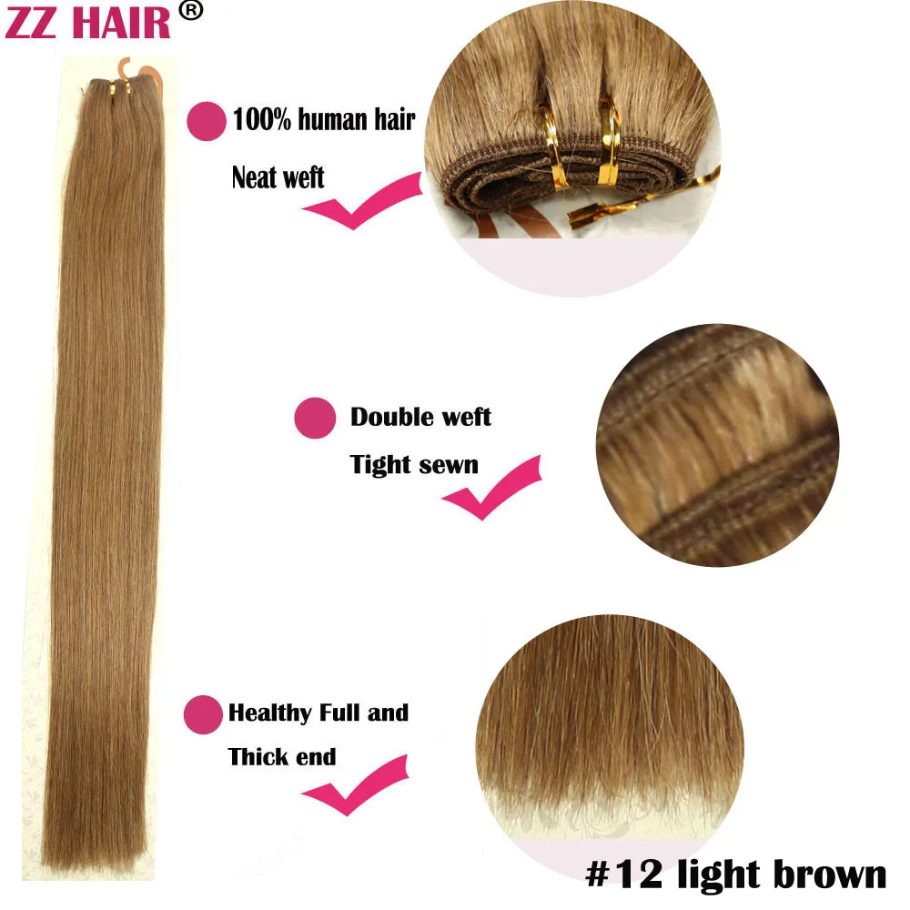 ZZHAIR 100% Human Hair Extensions 16"-26" Machine Made Remy Hair Weft Weaving 100g/Pcs Straight Natural Silk Non-clips