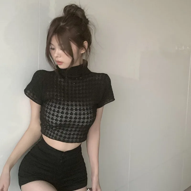 Women High-neck Knitted Short-sleeved T-shirt Summer New Korean Sweet Tight-fitting Crop Tops