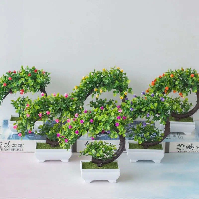 Hot Selling Artificial Bonsai Plastic Bionic Fake Plant Home Interior Office Decoration Outdoor Garden Decoration Pink Orange
