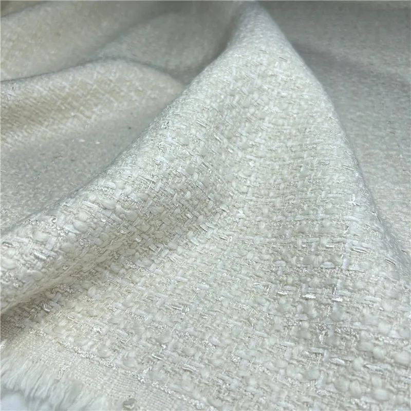 Beige French Luxury Draped Fringe Woven Bouclé Tweed Wool Fabric Premium Custom Textured Soft Breathable Coats Dresses Tailoring