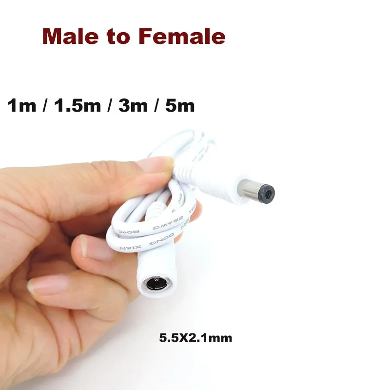 5.5x2.1mm 1/1.5/3/5m white DC 12V 24V Power supply Cable Extension 22awg 3A Cord Adapter Female to Male connector Plug