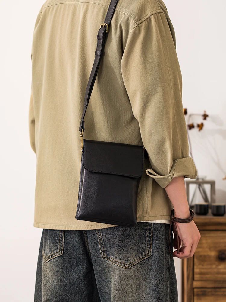 outdoor daily party genuine leather men's small phone bag simple casual luxury First layer cowhide black shoulder crossbody bag