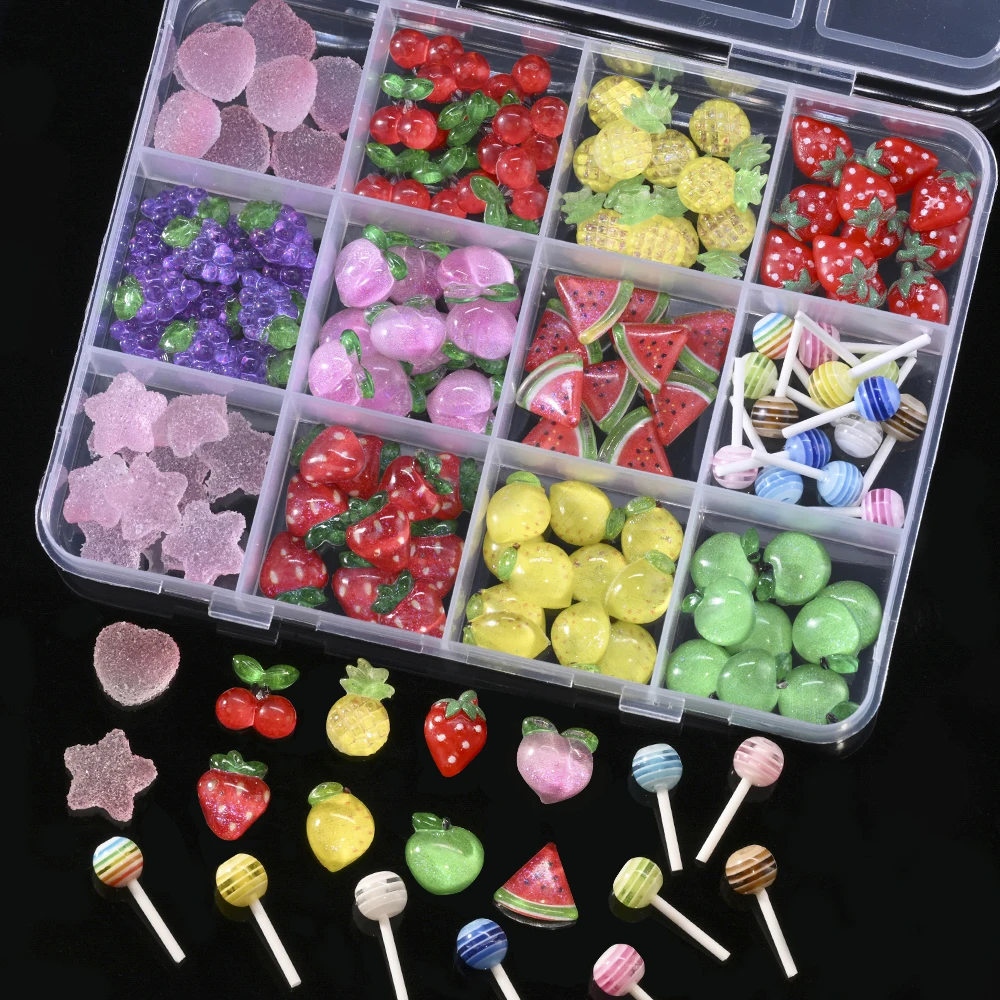 Strass pour ongles en forme de Fruits, 12 grilles, résine 3D, fraise, cerise, raisin, pastèque, breloque, Fruits Kawaii, fournitures pour Nail Art