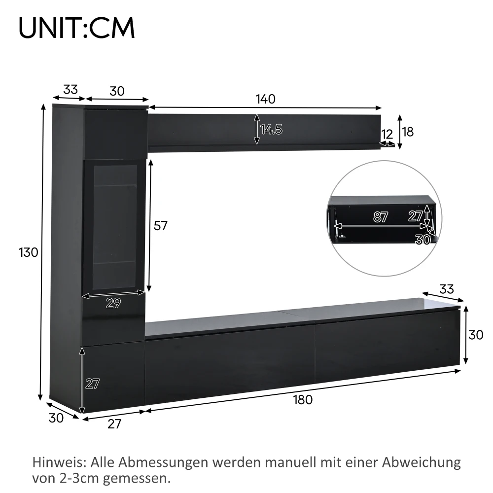 3-teiliges TV-Wohnzimmer-Wandset mit LED-Beleuchtung, Hochglanz-Möbelset, TV-Schrank, Vitrine und Hängeregal, für Fernseher bis zu 80 Zoll – Detail 13