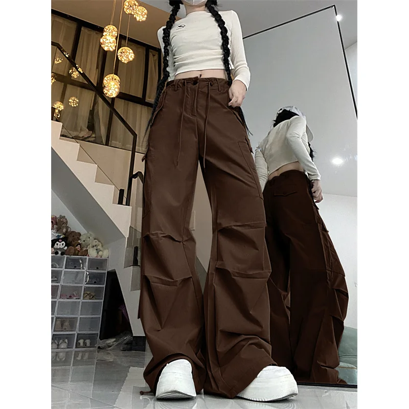 

Brown Cargo Pants High Waisted Women's Pants Vintage Straight Oversized Y2K Style Fashion 2023 Winter Solid Wide Leg Trouser