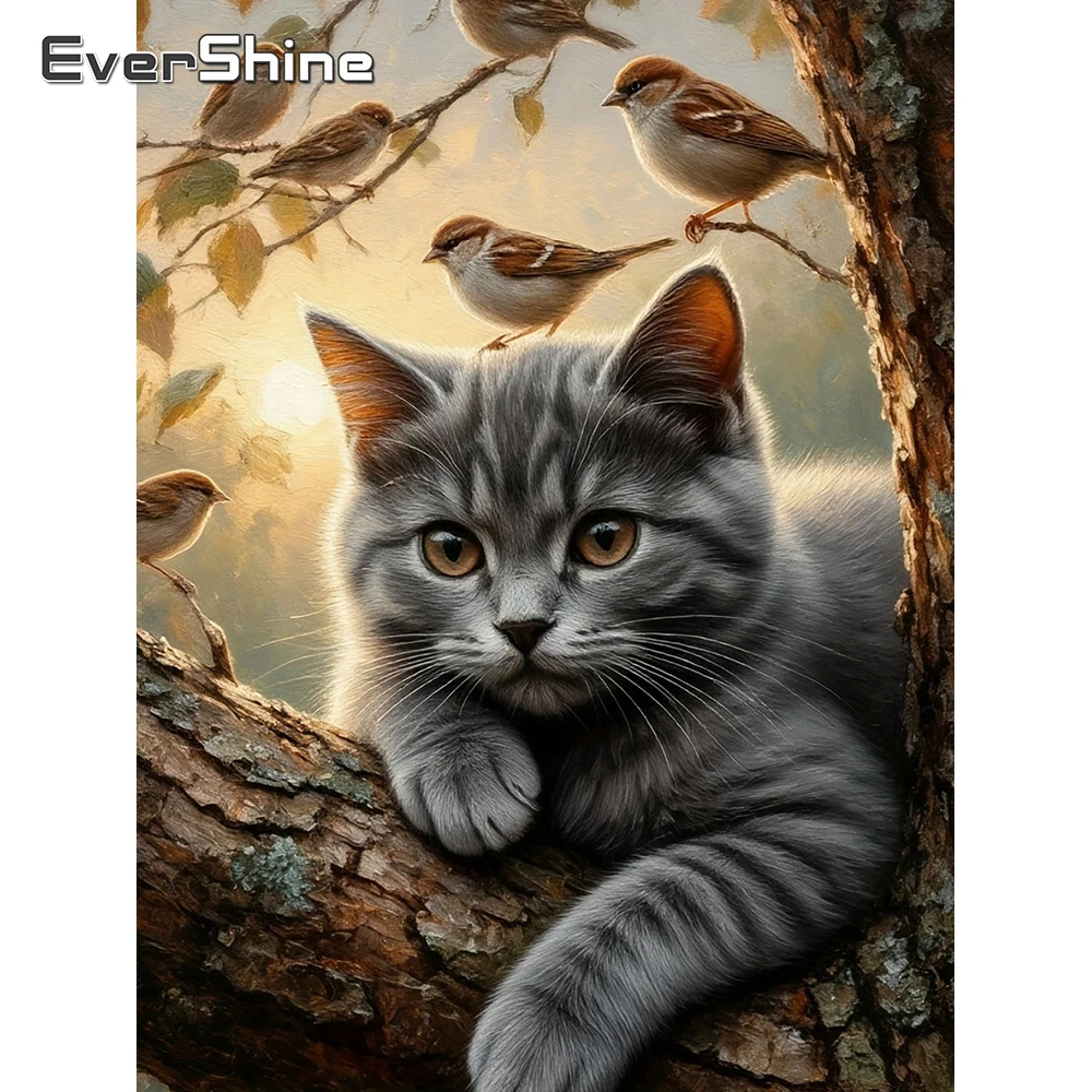 Evershine Diamant-Gemälde, Katzenbild aus Strass, Kunst-Stickerei, Tier, voller quadratischer Bohrer, Mosaik, Vogel, 5D, Heimdekoration
