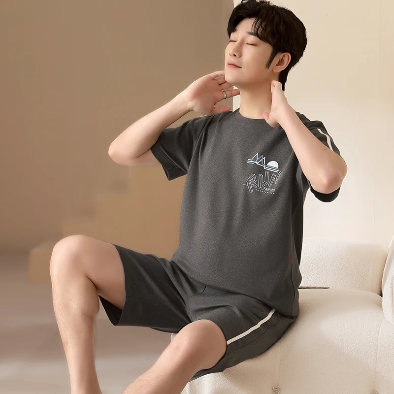 Summer 100%Cotton Men Pajamas Set Short Sleeve Round Neck Mens Nightwear Sleepwear Casual Soft Male Homewear Clothes