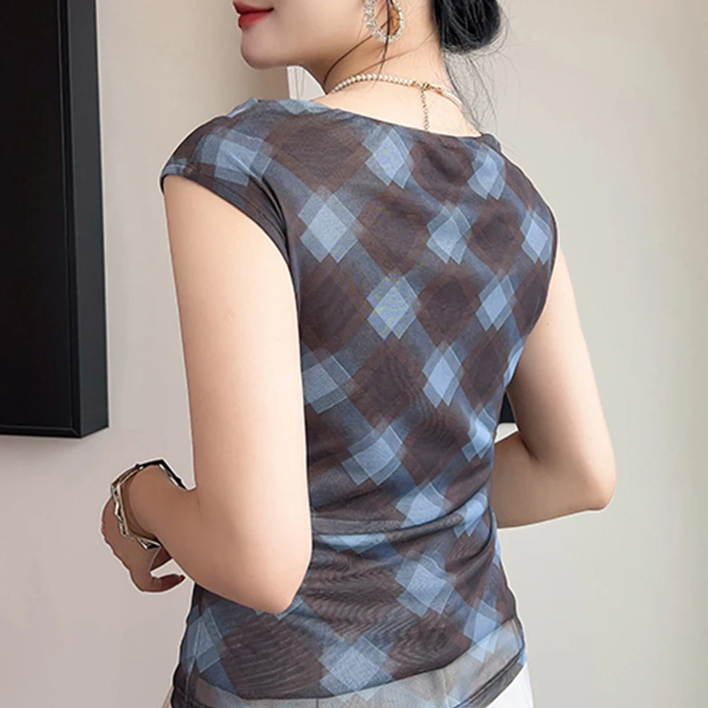 Summer,European,Clothes,Mesh,Thin,T-Shirt,Chic,Sexy,O-Neck,Drape,Print,Women,Tops,Sleeveless,Slim,Hot,Tees,2026,New,6812003