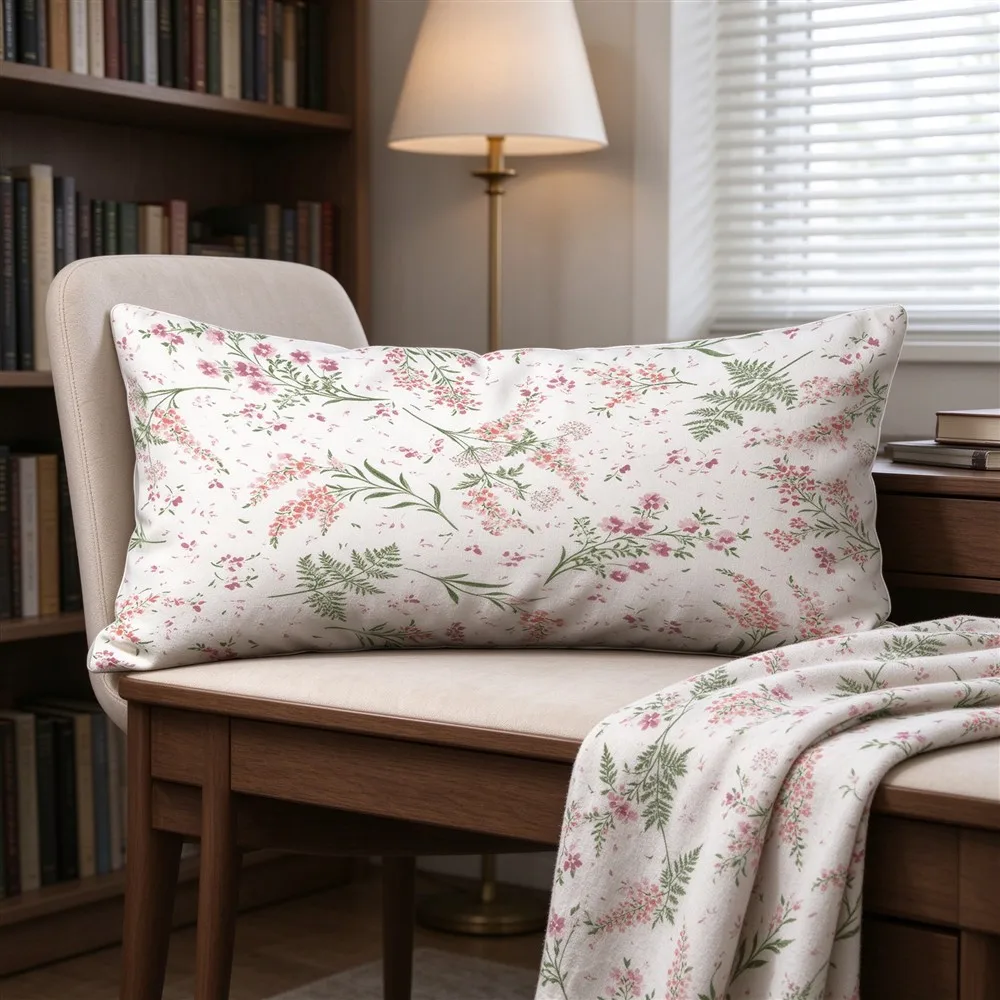 White Blush Soft Blossom Print Long Pillow Cover, Gentle Style, Study Decorative, Polyester, Valentine's Gift, Practical