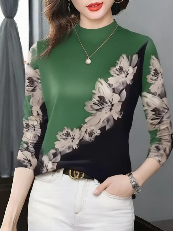 

High-End Printed Long Sleeve Fleece Lined Thick Warm T-Shirt Women's New 2026 Anti-Aging Belly Covering Fashionable Top